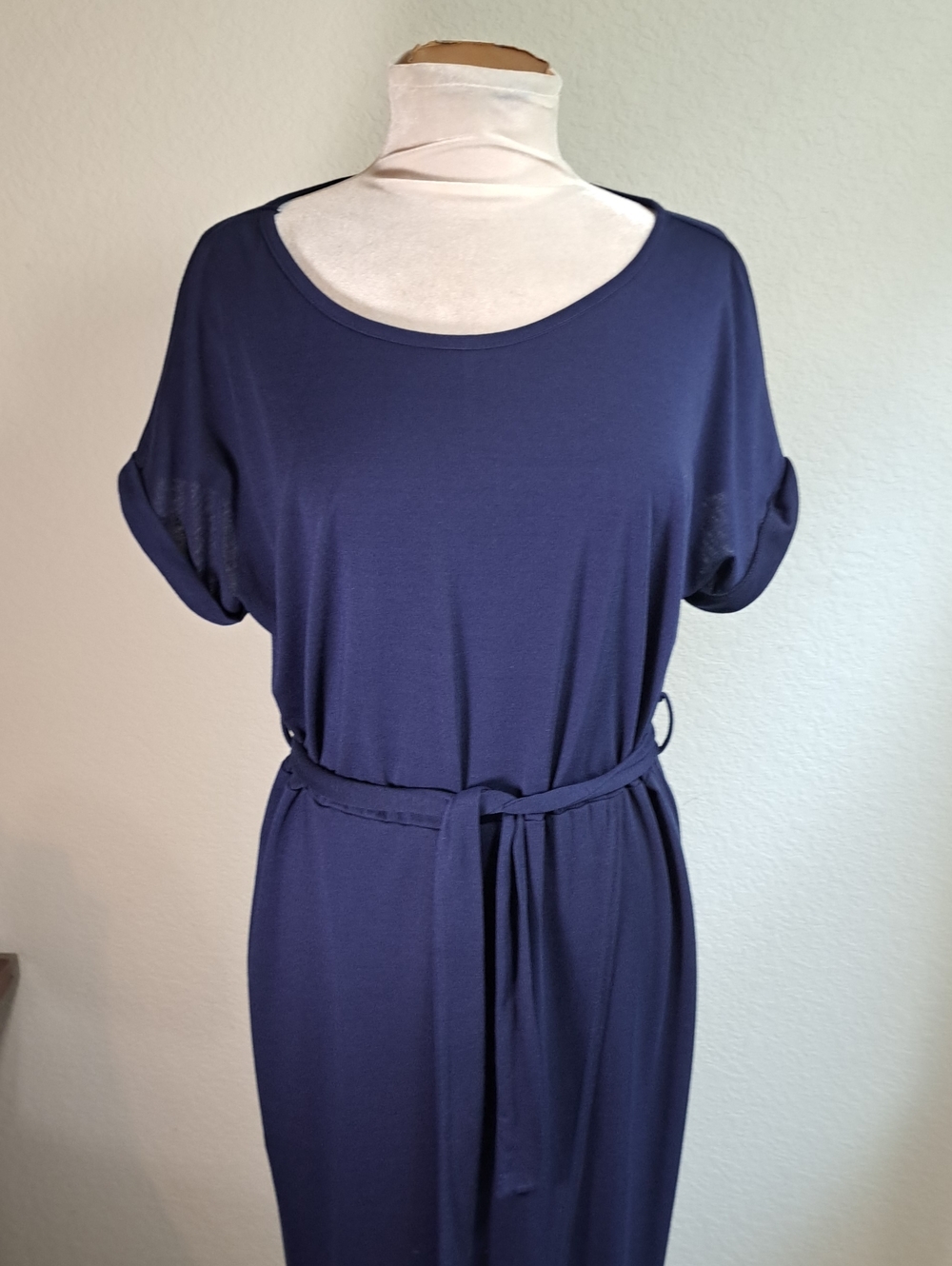 Maxi Dress Classic Navy Knit Belted Faux Wrap Front Short Sleeve Sheath Size XL
